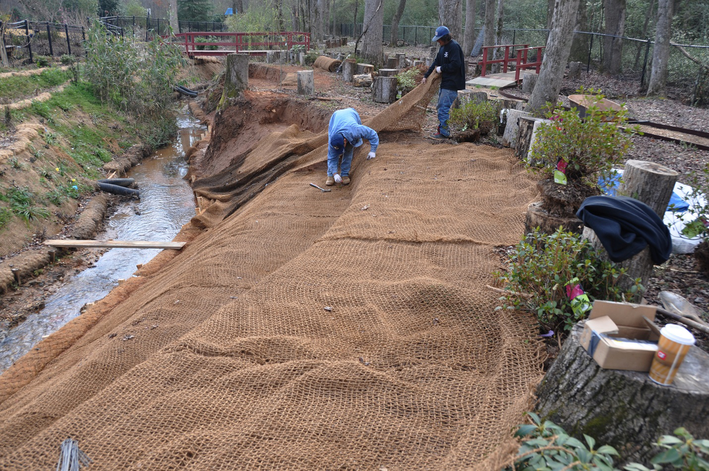 Streambank restoration using RoLanka's BioD-Mat 70 woven bristle coir blanket.